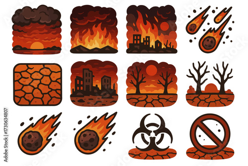 Drought and catastrophe icons: fire, meteor, cracked earth, biohazard, no entry symbols