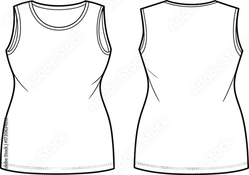 Vector technical flat sketch of women sleeveless tank top with round neckline, fitted silhouette, binding finish, straight hem, front back view