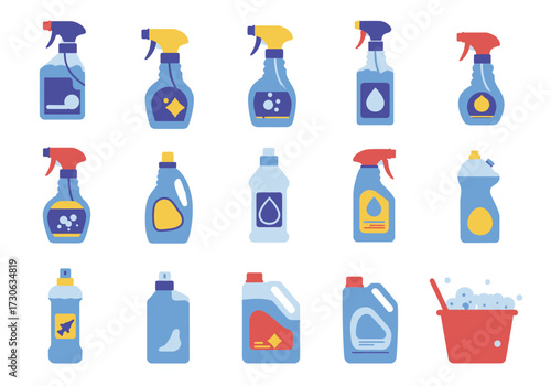 An array of colorful cleaning supply bottles and a soapy bucket are displayed