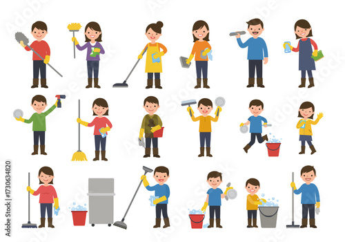 Array of cartoon characters cleaning with various supplies and equipment