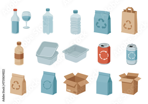 Array of recycling items bottles containers cans bags and cardboard boxes all arranged on a white backdrop