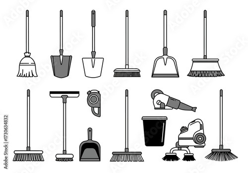 Array of cleaning tools brooms dustpans vacuums and a bucket all in a monochrome vector style