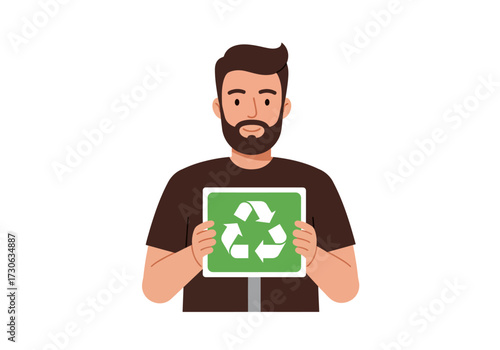 Bearded man holds a recycle sign
