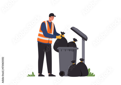 Cartoon sanitation worker putting trash bag into bin with more trashbags