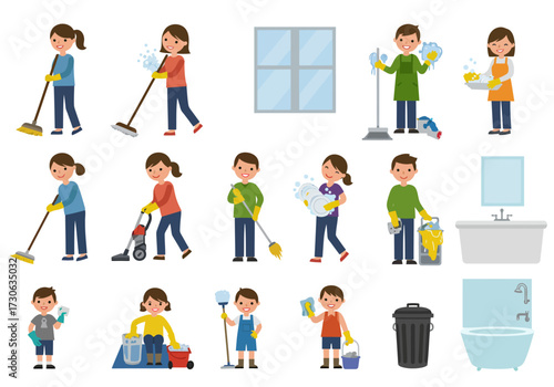 Cleanerschildren perform chores sweeping vacuuming cleaning plateswindow garbage bin etc