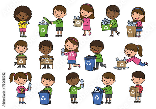 Cartoons of children recycling placing objects in recycling bins and boxes