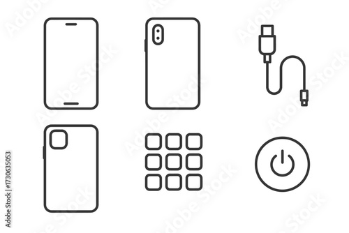 Minimalist smartphone icons and usb cable with power button