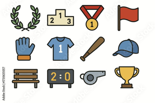 Colorful sports icons set: trophy, medal, bat, and jersey