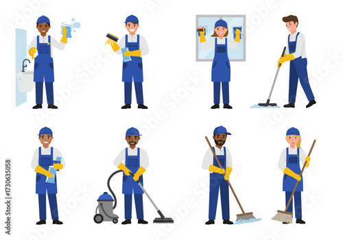 Cleaning crew 8 workers with cleaning tools uniforms different races