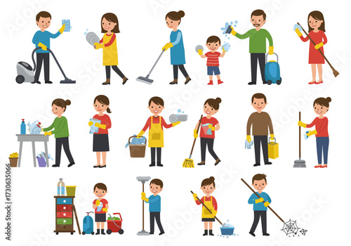 Cleaning cartoon characters of all ages some with supplies some using them