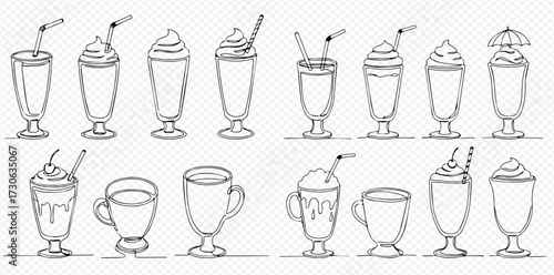 Line art illustration featuring various coffee and milkshake drinks in glasses and mugs, some with straws and whipped cream.