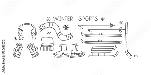 Warm clothing, winter sports. Hand drawn drawings, line doodle icons. Sportswear, skates, skis, sled, hockey stick. Knitted hat, scarf, gloves, earmuffs. Hand lettering. Sports equipment set.