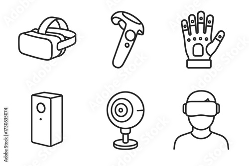 Virtual reality accessories line art - headset, controller, gloves, sensor, webcam, user icon