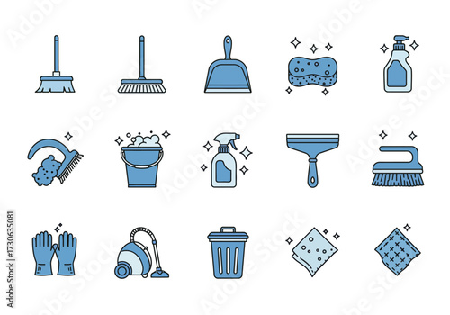 Cleaning icons brooms dustpan bucket gloves vacuum rags spray bottle sponges trash bin squeegee hand brush