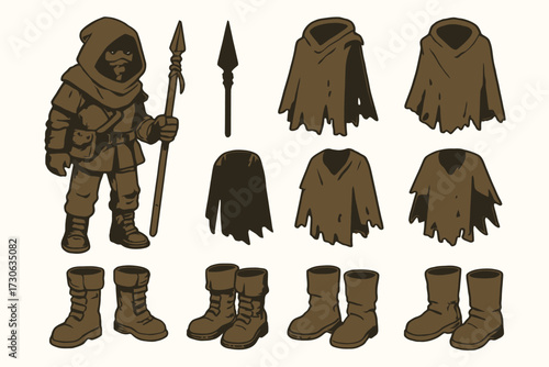 Medieval rogue character with cloak and spear outfit elements