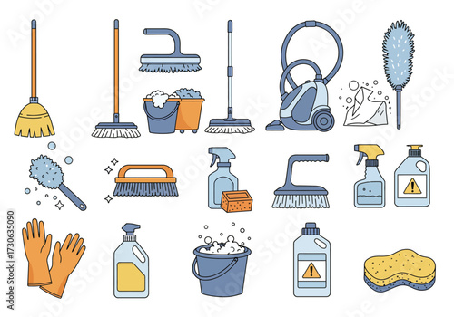 Cleaning supplies arranged brooms brushes gloves buckets vacuum sponges cleaners  a duster