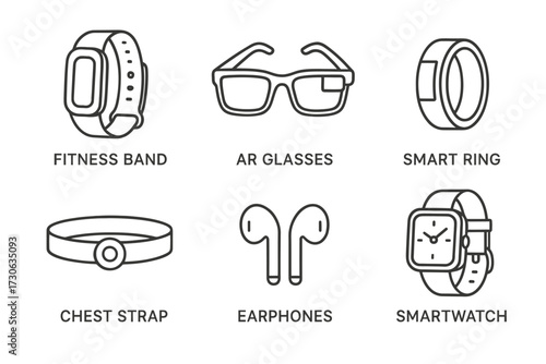 Wearable tech icons: fitness band, ar glasses, smart ring, chest strap, earphones, smartwatch