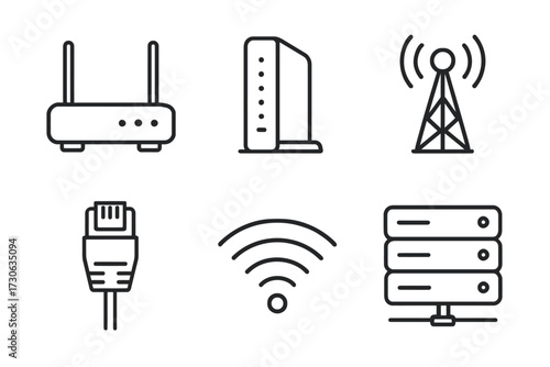 Vector icons of network equipment: router, modem, antenna, ethernet, wi-fi, server