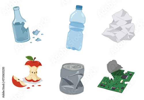 Collage of six waste items broken glass plastic bottle crumpled paper apple core crushed can and circuit board