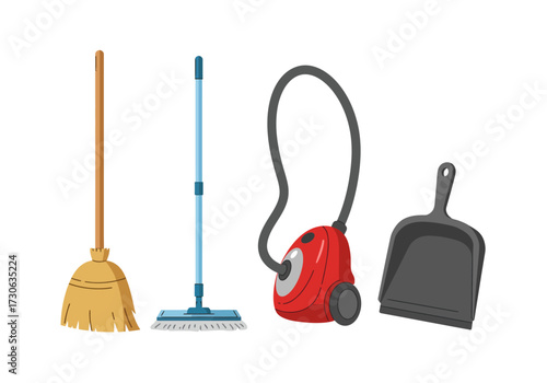 Cleaning tools broom mop vacuum and dustpan are depicted