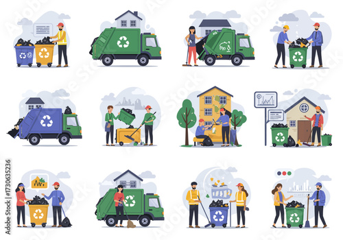 Collection of illustrations depicting waste management and recycling activities