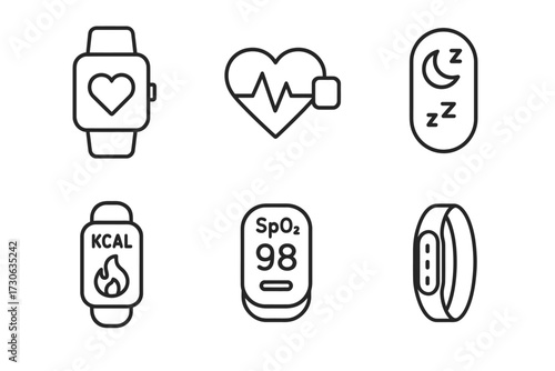 Health and fitness icon set: heart rate, sleep tracking, calories, spo2, fitness band
