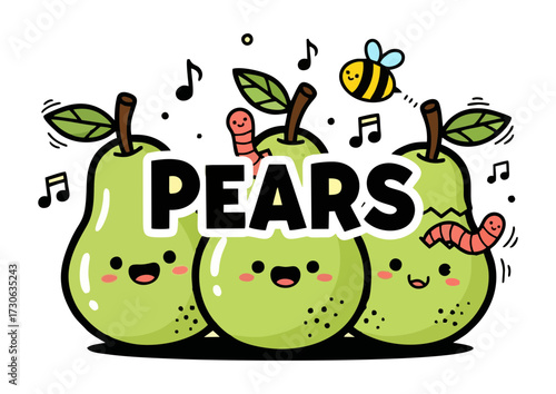 Cute cartoon pear character illustration with a happy face and green leaf