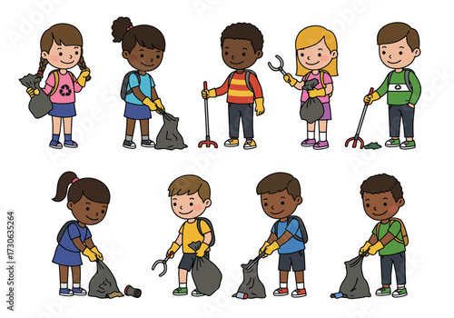Eight cartoon children wearing gloves picking up trash with tools and bags