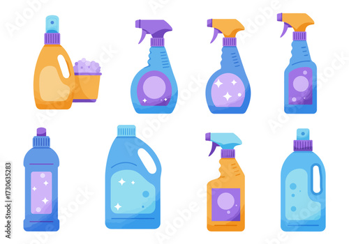 Eight cartoon cleaning product bottles of varied shapescolors isolated on a white background
