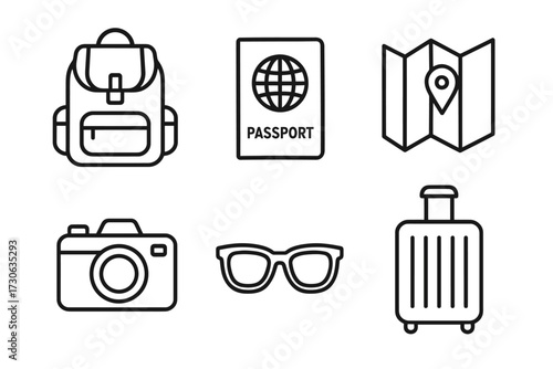 Travel essentials icons: backpack, passport, map, camera, sunglasses, suitcase