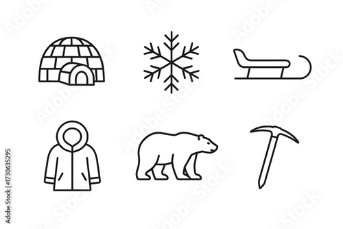 Winter icons: igloo, snowflake, sled, coat, polar bear, ice pick