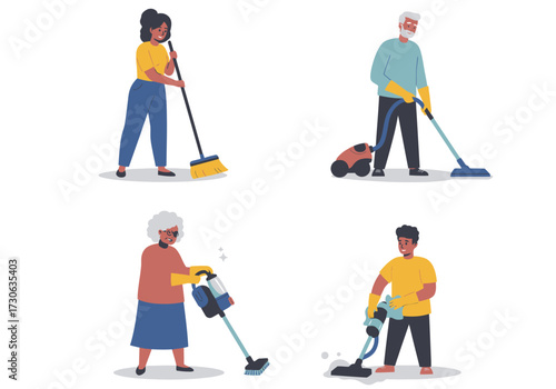 Four individuals are depicted cleaning with various tools