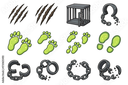 Animal escape elements: claws, cage, chains, green footprints
