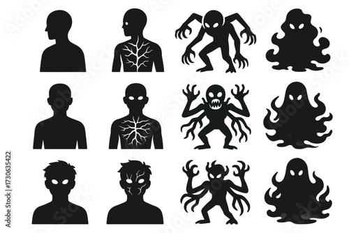 Silhouette transformations: shadows and creatures evolving from human forms