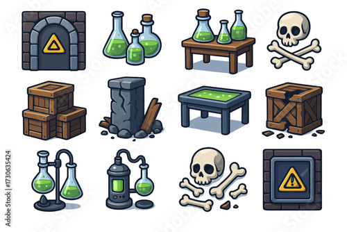Alchemy icons set: potion bottles, skulls, and laboratory equipment on white background