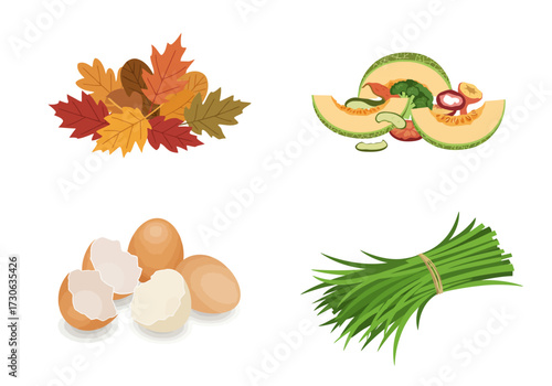 Four panels show autumn leaves sliced cantaloupe eggs and a bundle of green chives