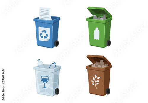 Four recycling bins filled with paper plastic glass and organic waste