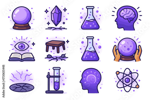 Purple science and mysticism icons: crystal ball, beaker, brain, eye, atom