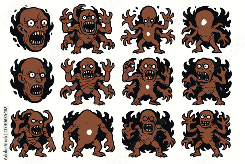 Collection of monstrous creatures with glowing eyes and tentacles