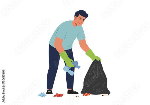Man in gloves picking up litter holding plastic bottles next to a trash bag
