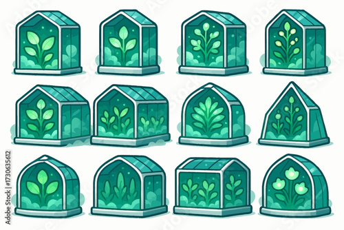 Collection of cartoon greenhouses with various plant designs