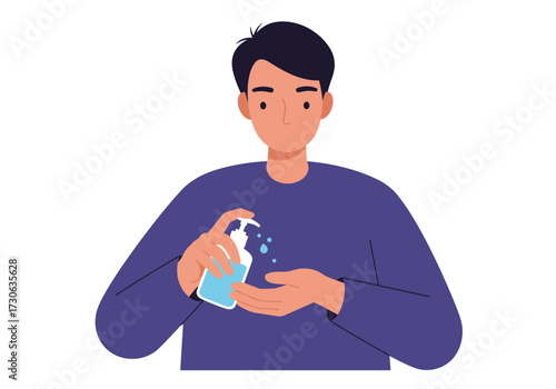 Man in violet shirt pumps sanitizer onto hand