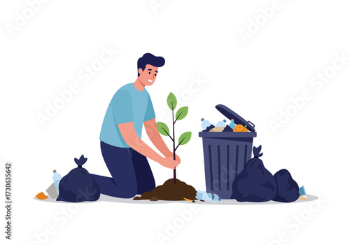 Man planting tree near trash can and bags in littered area