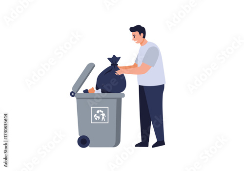 Man placing garbage bag in gray bin marked with recycling symbol
