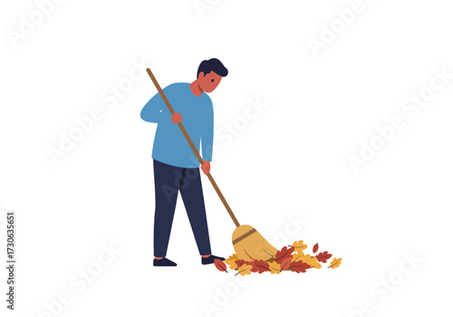 Man sweeping leaves with broom dark hair blue longsleeve dark pants