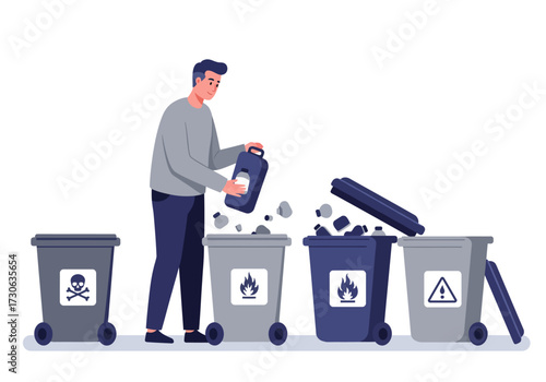 Man sorts trash into labeled bins skull flame flame triangle