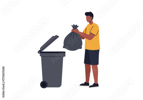 Man throwing a garbage bag into a gray trash can with its lid open