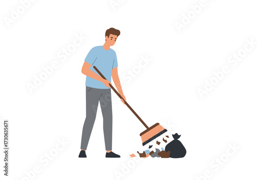 Man sweeping trash pile with broom cleaning up litter