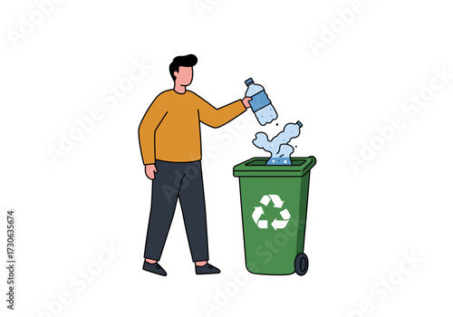 Man throwing plastic bottles into a green recycling bin with a white recycling symbol on it