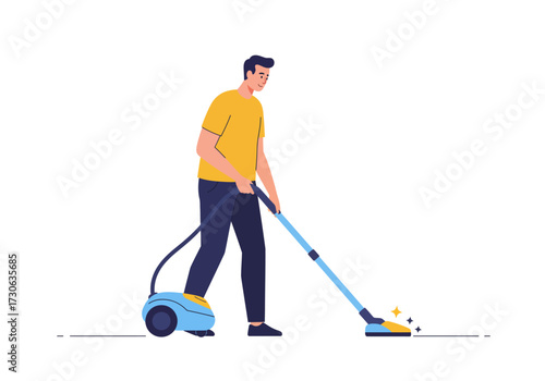 Man vacuums with a blue cleaner emitting clean sparkles